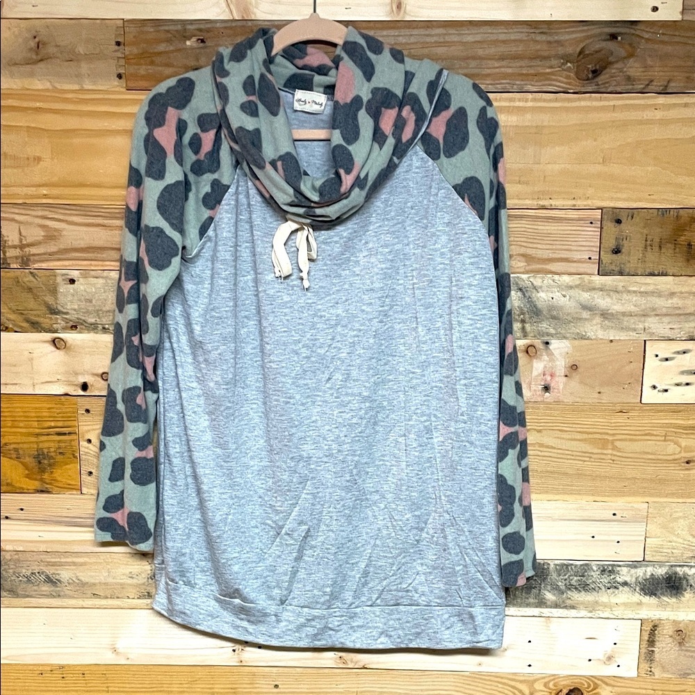 Lovely Melody size XL Gray with Charcoal and Pink Cheetah Print Cowl Neck Top